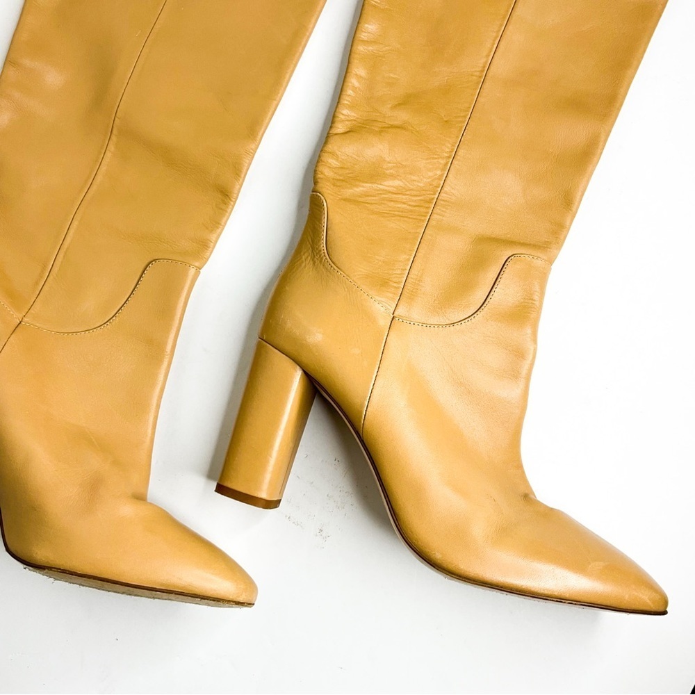 Zara Tan Leather Knee High Boots Spain EU 42 Block Heel